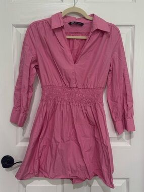 Zara Pink Collared V-Neck Smocked Waist Mini Dress